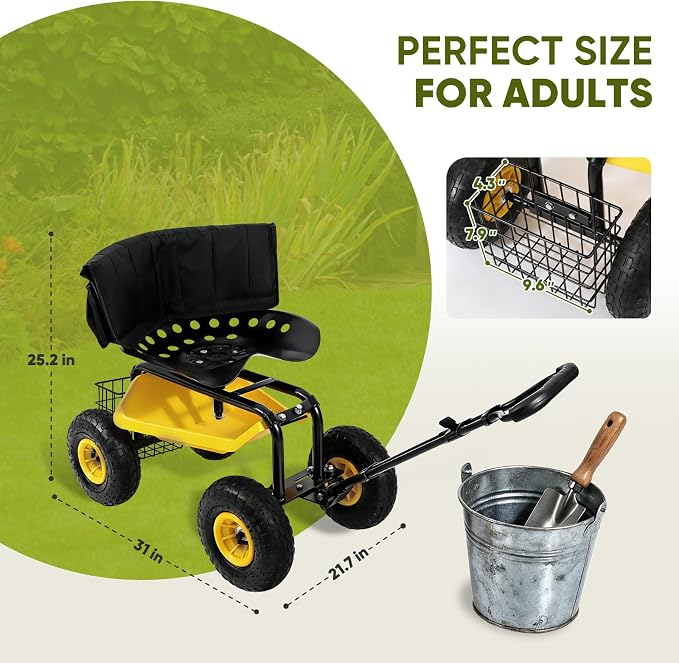 Sekey Garden Cart Rolling Workseat with Backsupport & 360ยฐ Swivel Seat, Heavy Duty Garden Scooter with Adjustable Height, Tool Tray, All-Terrain Wheels, 440 lbs Capacity for Seniors & Gardeners