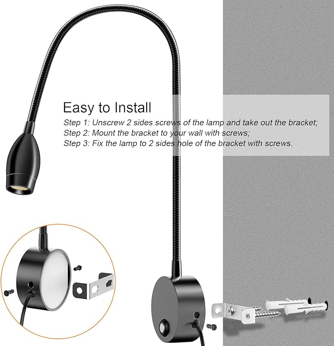 ERAY LED Wall Mounted Reading Light, Bedside Reading Lights for Bed with Touch Control, 3 Dimmable, 360°Flexible Gooseneck Headboard Book Reading Lamp Wall Sconce, 3000k-6000k-2 Pack