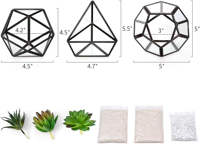 Mkono Artificial Succulent in 3 Pack Mini Glass Geometric Terrarium, Miniature Potted Faux Plant Bookshelf Desk Boho Office Room Decor for Women Girls Dorm Gift Idea, Black