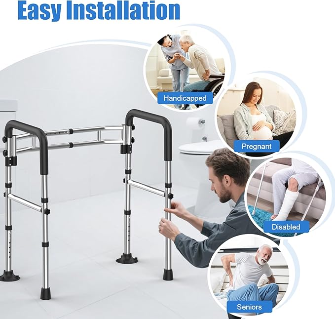 Upgraded Toilet Safety Rails 380LBS, Stainless Steel Toilet Rail Frame, Adjustable Stand Alone Toilet Support with Non-Slip Grips & Suction Cups,Tool-Free Assembly, Fits for Elderly/Disabled