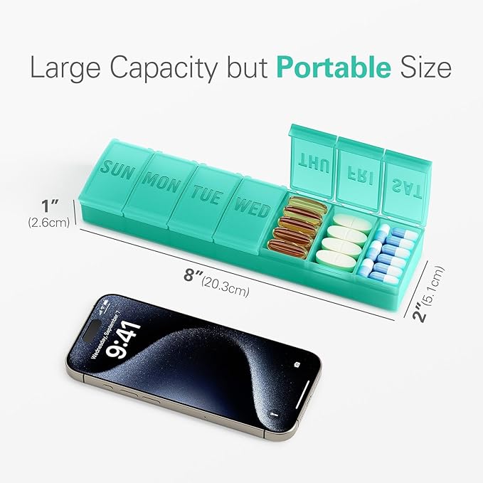 Barhon Pill Organizer Large, Weekly Pills Organizer Pill Box, Medicine Pill Organizer Travel, 7 Day Pill Case for Big Vitamins Supplements Fish Oil, Green