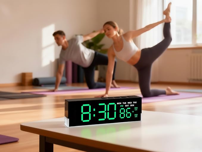 JENLYSTIME 7 Inch LED Digital Alarm Clock with Dual Alarms & Bottom Glow|Displays Time, Date, Day, Temperature |3-Level Auto/Manual Brightness, DST, USB or Battery Powered Modern Desk Clock (Green)