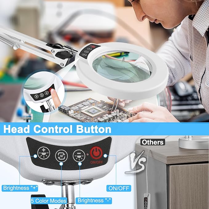 10X Magnifying Glass with Light and Clamp, Real Glass Stand Lighted Magnifier, 5 Color Modes Stepless Dimmable LED Desk Lamp Hands Free for Crafts Hobby Reading Painting Sewing Close Work White