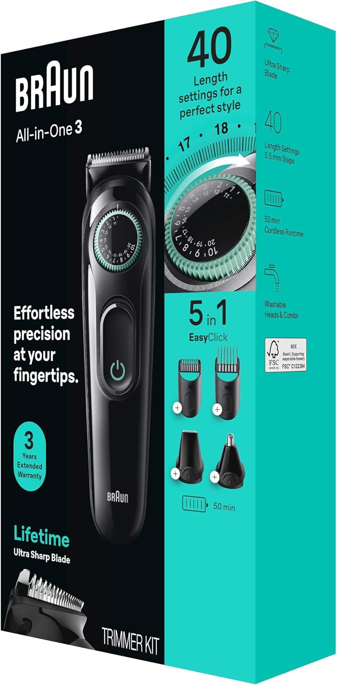 Braun All-in-One Style Kit Series 3 3450, 5-in-1 Trimmer for Men with Beard Trimmer, Ear & Nose Trimmer, Hair Clippers & More, Ultra-Sharp Blade, 40 Length Settings and Washable