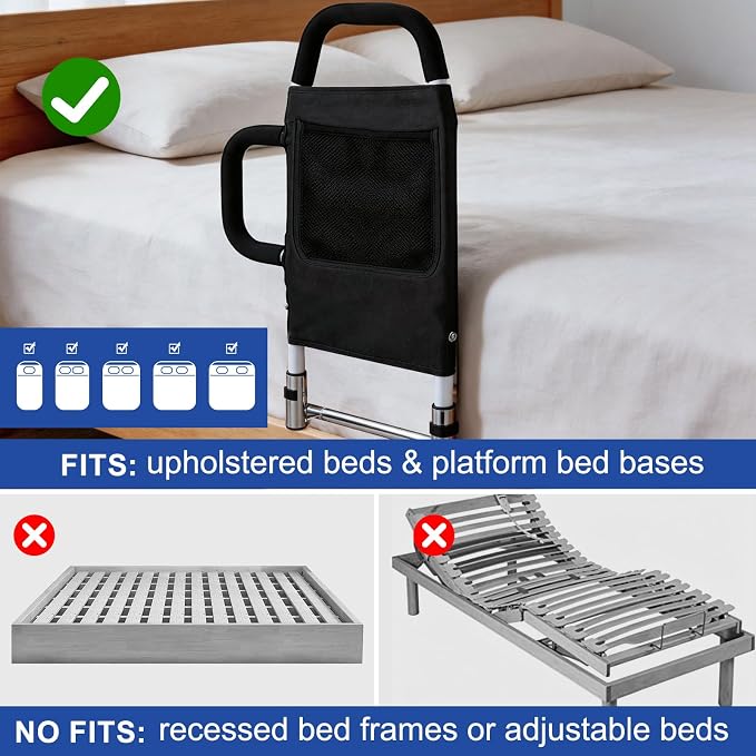 2026 Upgraded ASTM Approved Bed Assist Rail Adjustable 400 LBS Senior Bed Cane Anti-Slip Handle & Storage Pocket