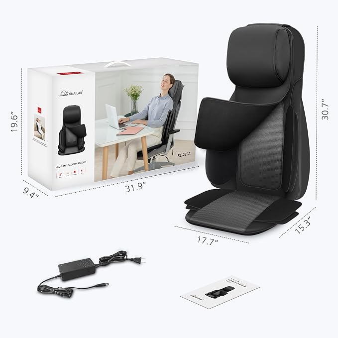 Snailax Shiatsu Back Massager with Heat, 3D Kneading Massage Chair Pad, Neck Back Massager for Back Pain Relief Deep Tissue, Chair Massager for Men Women