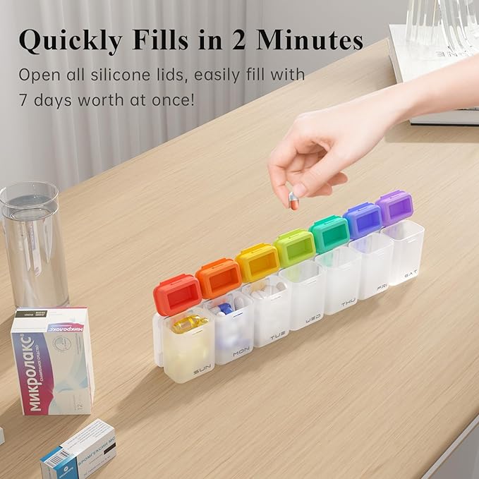 Weekly Pill Organizer Magnetic, Removable Pill Box 7 Day 1 Time a Day, Large Pill Case Travel, Week Once Daily Medication Dispenser, Medicine Container Holder for Supplement Vitamin, White