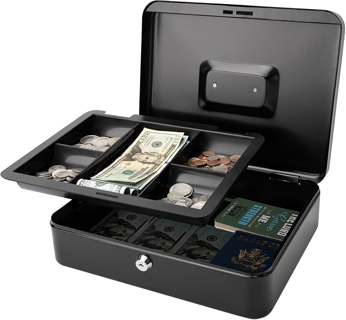 Jssmst Large Cash Box with Key Lock - Durable Metal Cash Box with Money Tray, 11.81 x 9.84 x 3.46 inches (X-Large, Black)