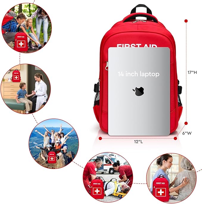 E-HORDE First Aid Backpack with Multi-Pocket, Emergency Medical Backpack, Large Capacity & Water-proof, Empty First Aid Bag for Home Office EMT Paramedics, Red