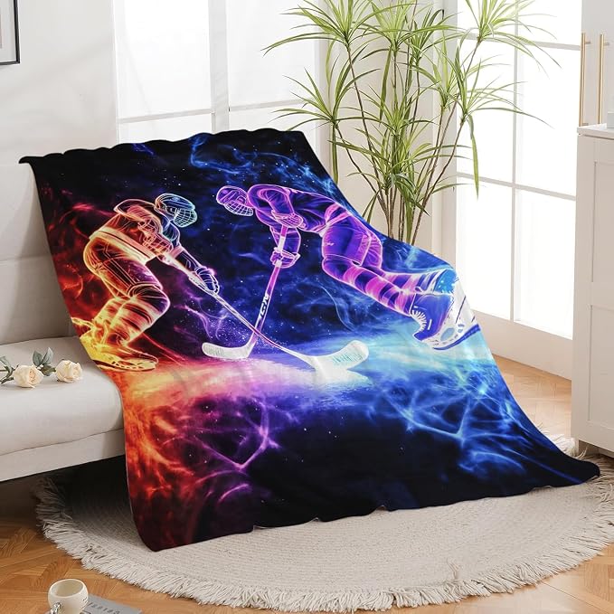 Yibuda Neon Hockey Player Blanket Ice Hockey Flannel Plush Throw Blanket Cozy Sports Fans Decor Fleece Stuff Blanket Gifts for Lover Girls Boys Kids Adults Women Bed Travel 40"x50"