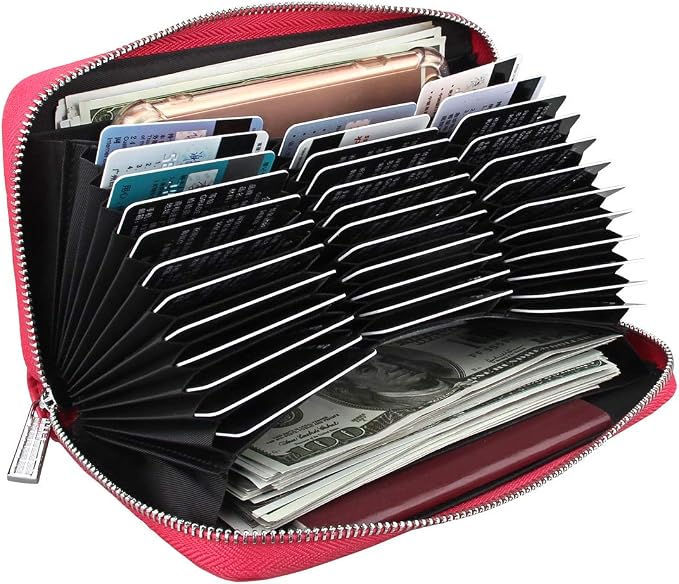 Women 36 Slots RFID Blocking Card Holder Large Long Leather Zipper Organizer Accordion Wallet,Rose