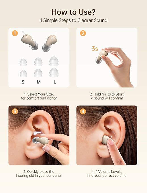 OTC Hearing Aids for Seniors, Nearly Invisible Rechargeable Hearing Aids, 100+ Hours of Charging Case Usage, Super-Mini Invisible Design, Comfort Fit in Ear Canal, AI Noise Cancellation and Clear Sound, Suitable for Various Daily Scenarios