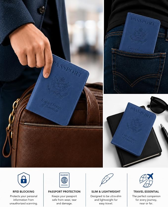 Ciana Passport Holder for Travel, RFID Passport Wallet, Leather Passport Cover & Card Holder for Men & Women, Slim Travel Wallet, Passport Case (Light Blue)