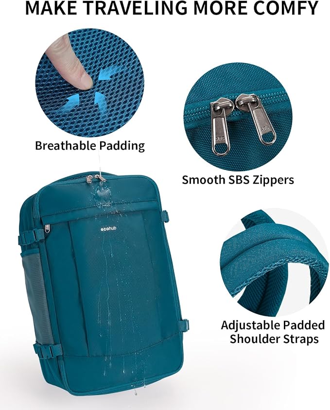 ECOHUB 17'' Small Travel Backpack, United Airlines Personal Item Bag 16.9"x10"x7.5" Carry on Backpack with USB Port Luggage Sleeve Travel Essentials for Men Women Water Resistant, Teal