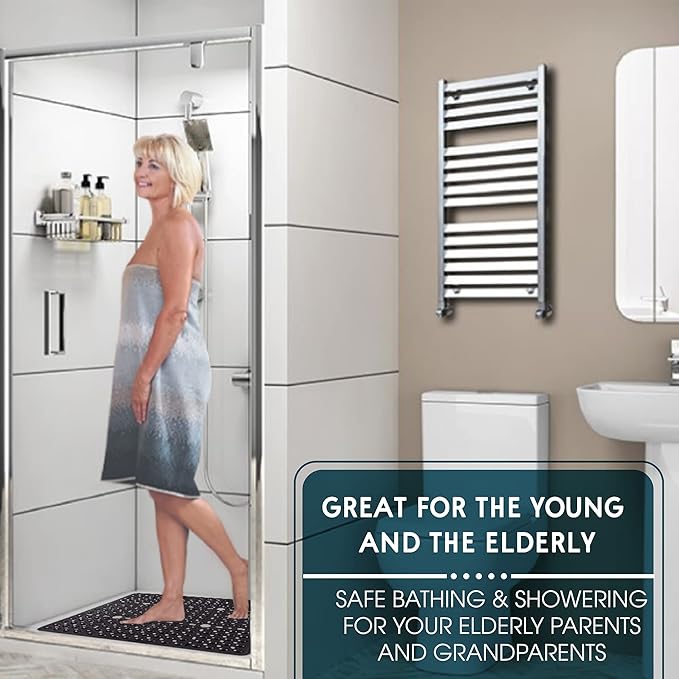 ENKOSI Square Shower Mat 27x27 inch - Large Anti Slip Shower Floor Mat - Non Slip Bathroom Shower Stall Mats with Strong Secure Suction Cups and Drain Holes in Middle (Charcoal 27x27)