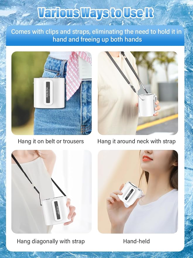 Waist Worn Fan Belt Fan Waist Fan Cooling Handheld Fan Cooling Plate 100-Level Wind Speed Adjustment LED Display Type-C Fast Charging Neck-Worn Handheld Desktop Outdoor Work Construction Gift White