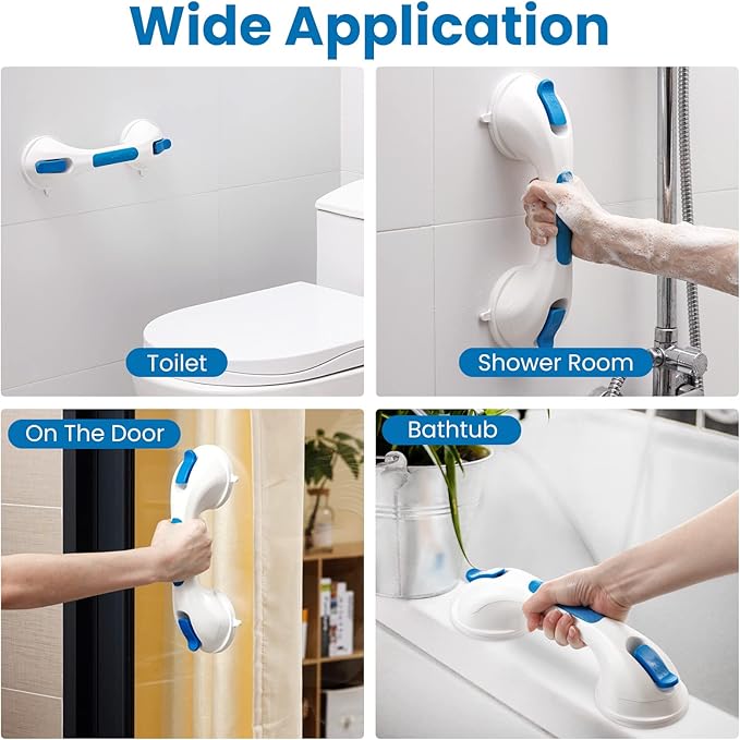 LEVERLOC Shower Grab Bar, 12 Inch Suction Grab Bars for Bathtubs, Shower Handle Handrail for Seniors Bathroom Safety Grip for Elderly, Heavy Duty No Drilling Removable,Blue