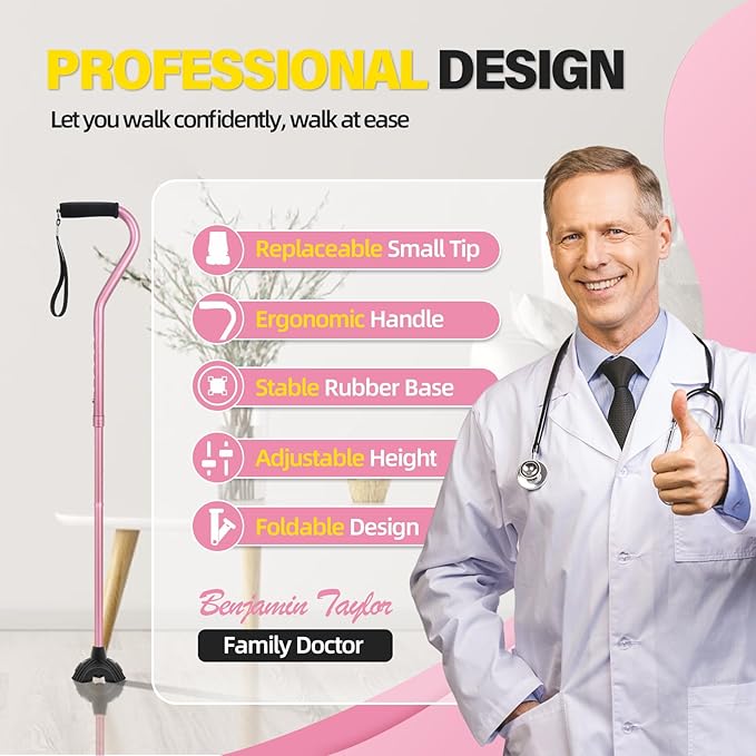 BeneCane Walking Cane Adjustable Cane with Offset Soft Cushioned Handle for Men & Women Lightweight Comfortable Extra Stability Base Mobility Aid for Men Women and Seniors