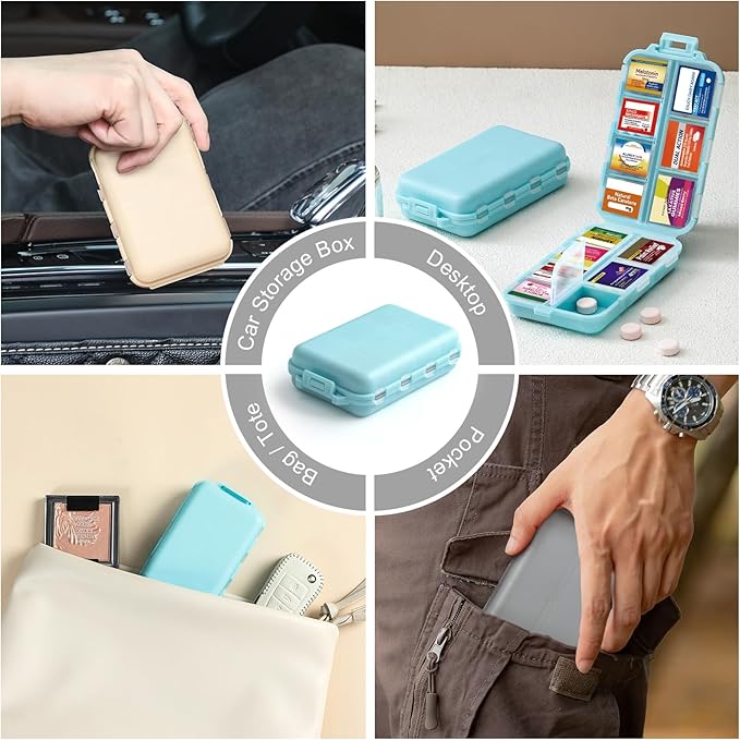 3 Pack 14 Grids Travel Pill Organizer Box with 415-Pcs Medicine Name Labels - Pocket Daily Pharmacy Case Container Kit - Travel Medication Holder Dispenser for Fish Oil Vitamin, Khaki+Grey+Sky Blue
