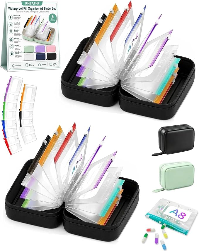 Waterproof Pill Organizer A8 Binder Set Pill Pouches for Travel 14PCS Bags Inside Large Zippered Pouch Bpa-Free Weekly Medicine Air Tight Pocket Color-Coded Reusable Travel Storage System