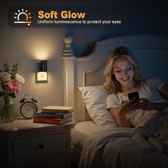 JandCase LED Night Light Plug in, Rotating Night Lights Plug into Wall Warm | Dusk to Dawn Sensor, 2 Level Brightness Adjustable Nightlight, 4 Pack, Warm White 3000K, for Bathroom Bedroom Hallway Stairs