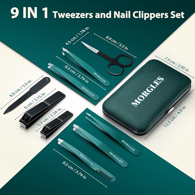 MORGLES Tweezers Set 9 Pcs Nail Clipper Kit with Case for Eyebrows Grooming | 5 Tweezers, Clippers, Scissors, Rust-Proof Steel, Travel Press-On Case, Gift for Him/Her, for Splinters, Brows, Facial Hair