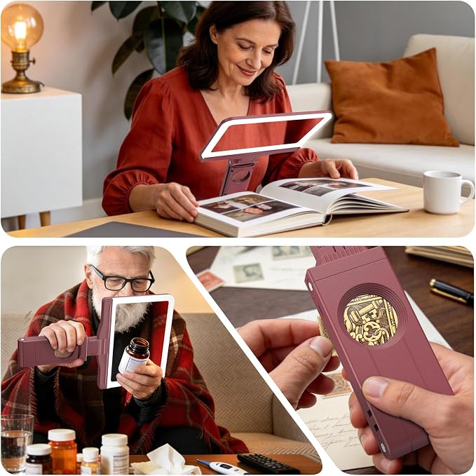 30X 6X Rechargeable Magnifying Glass for Reading, Large Full Page Magnifier with Folding Stand, 3 Color Light Modes, Dimmable LED Lighted, Hands Free Book Magnifier for Low Vision Seniors, Red