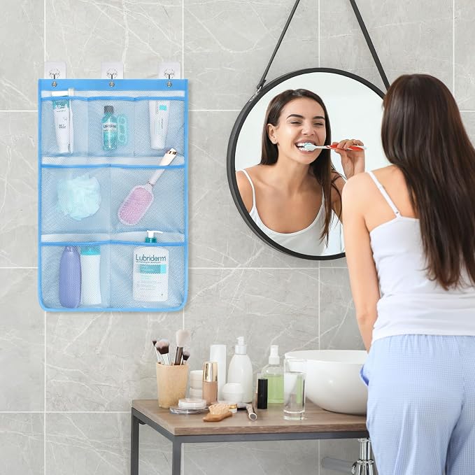 F-color 7-Pocket Mesh Shower Caddy - Hanging Shower Organizer for Cruise | Quick-Dry & See-Through Mesh for Toiletries, Fits Shower Rod Rings or Sticky Hooks for Bathroom & RV, Cruise Essentials 2026