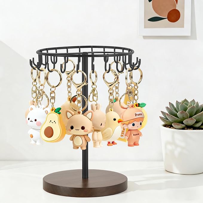 Dahey Keychain Holder Display Stand for Vendor, 22 Hooks Organizer for Desk | Space-Saving, Versatile Storage Keychain Bracelets Bag Charms, Sturdy Wood, Easy Assembly, for Study Entryway Decor, Black