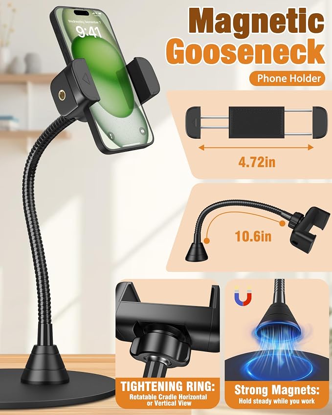 30X 10X Magnifying Glass with Light and Phone Holder, 5 Color Modes Stepless Dimmable, Optical Grade HD Lens, LED Lighted Magnifier Hands Free with Flexible Gooseneck for Close Work, Craft, Hobby