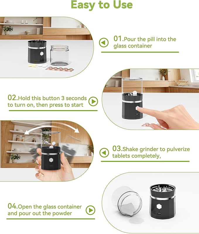 Cordless Electric Pill Crusher - Wodvalt Pill Crusher Fine Powder with Stainless Steel Blade, Grind and Pulverize for Pills & Vitamins Extremely Fine for Elderly and Pets (Black)