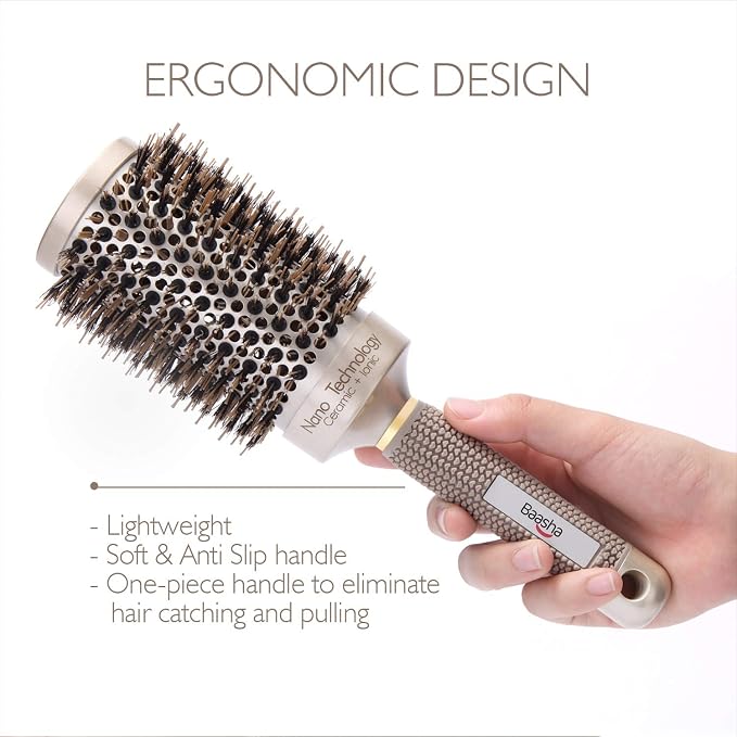 Baasha Hair Brush, Large 3 Inch Round Brush with Boar Bristle, Vented Ceramic Barrel, for Long Hair, Curly Hair, Salon Quality, 1 Count