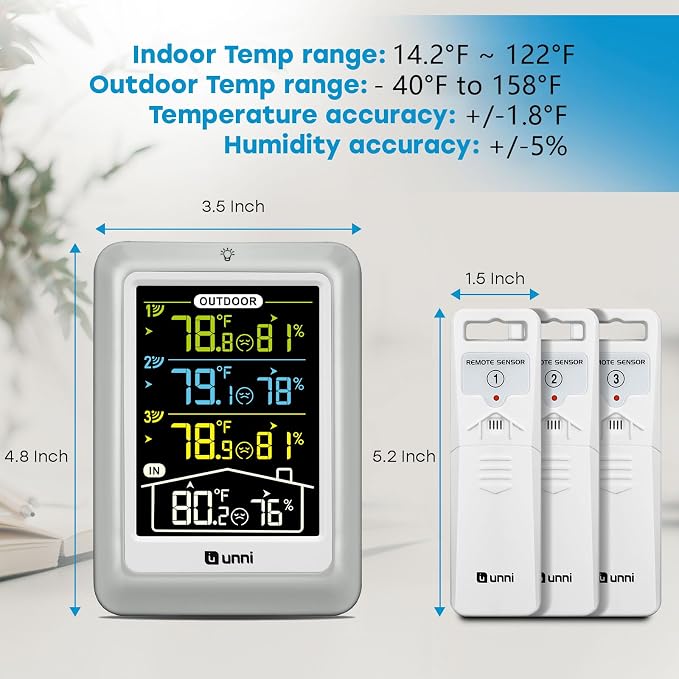 Indoor Outdoor Thermometer Wireless 4.5 Inch Display Digital Hygrometer | Temperature Humidity Monitor with 330ft Range Sensor and Adjustable Backlight with 3 Sensors (Multi)