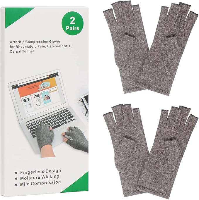 2-Pair Arthritis Compression Gloves for Alleviate Rheumatoid Osteoarthritis, Carpal Tunnel Raynauds Disease, Fingerless Design Breathable & Moisture, Women and Men (Gray, Small)