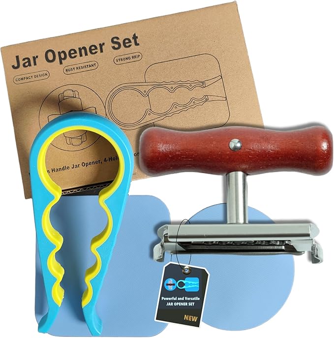 Jar Opener Set, stainless steel opener, 4-in-1 opener, silicone pad, Jar Opener for Seniors with Arthritis,Jar Openers Good for Seniors,Lid Opener for Weak Hands,wood handle