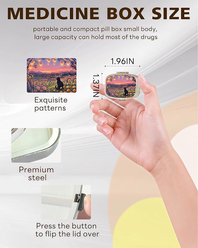 LRITER Pill Case, 2 Compartment Portable Small Travel Pill Organizer for Purse and Pocket, Stylish Medicine Case with Multiple Patterns, Daily Pillbox for Home & Travel (Cat and Scenery)