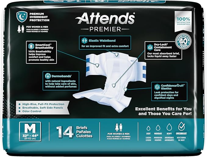 Attends Premier SmartCool® Adult Briefs, Medium 32–44" Waist, High-Rise Tab Closure, Premium Overnight Dry-Lock Protection, Breathable Materials, Odor Control, 56 ct Case