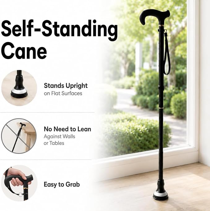 GlowGuard Walking Cane for Men & Women - Extra-Wide 2.68" Glow Cane Tip with Photoluminescent Ring, Height Adjustable (31.1" to 37.8"), 350 lbs Capacity