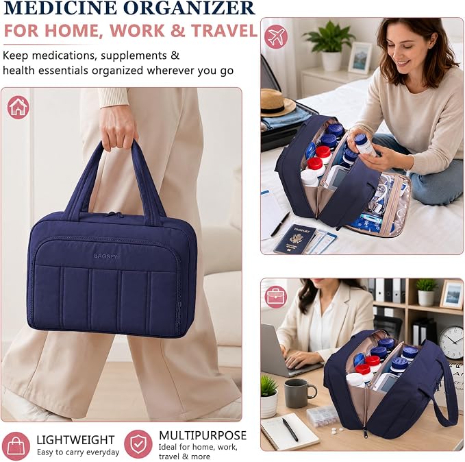 BAGSFY Travel Medicine Bag with 2 Separate Compartments, Wide-Opening Medication Organizer, Puffy Medical Storage Bag for Prescription Bottles, Pill Cases, Medical Supplies,Travel & Family Emergency