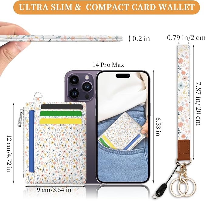 Hancynir Floral Flower Slim Wallet Women Credit Card Holder Wristlet RFID | Small Keychain Lanyard Wallet, Travel Zipper Coin Pocket, Ladies Gifts Women, Minimalist Card Case, 6 Card Slots, PU Leather