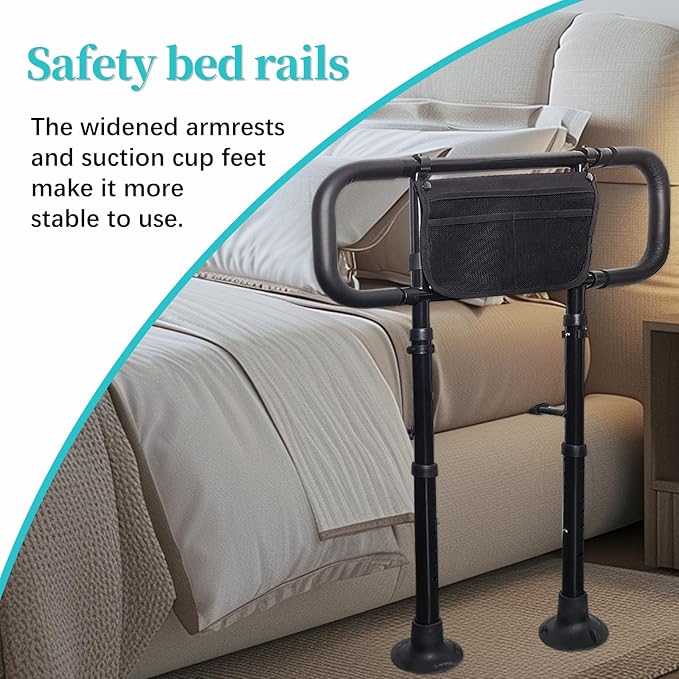 AOHHL Bed Rails for Elderly Adults Safety with Adjustable Heights Storage Pocket Assist Support Side Railings for Seniors Citizens Slides Under Mattressbed Cane Bed Guard Bed Handles Bars (Black)