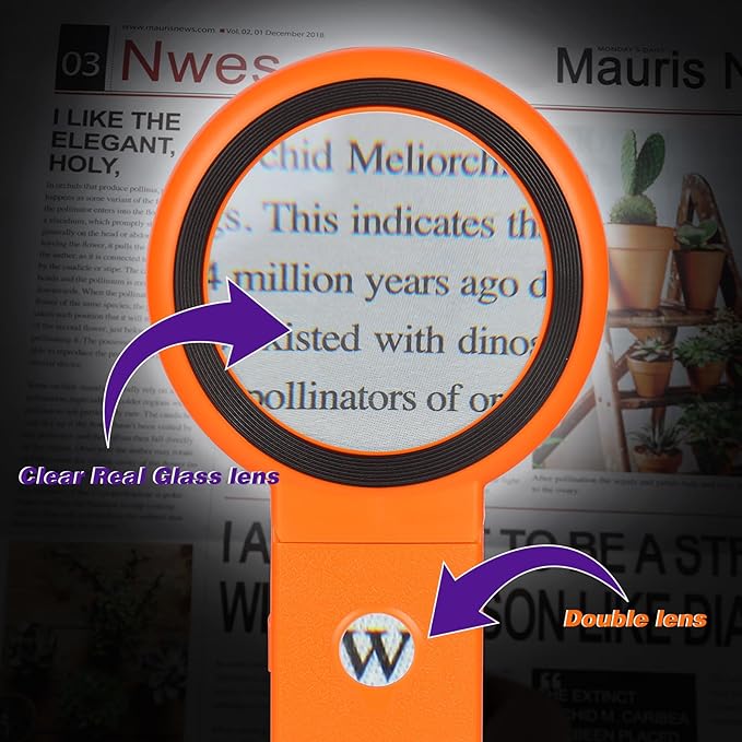 Magnifying Glass with Light and Stand, Foldable Handheld Magnifying Glass 18 LED Illuminated Lighted Magnifier for Macular Degeneration, Seniors Reading, Close Work, Coins, Jewelry Orange