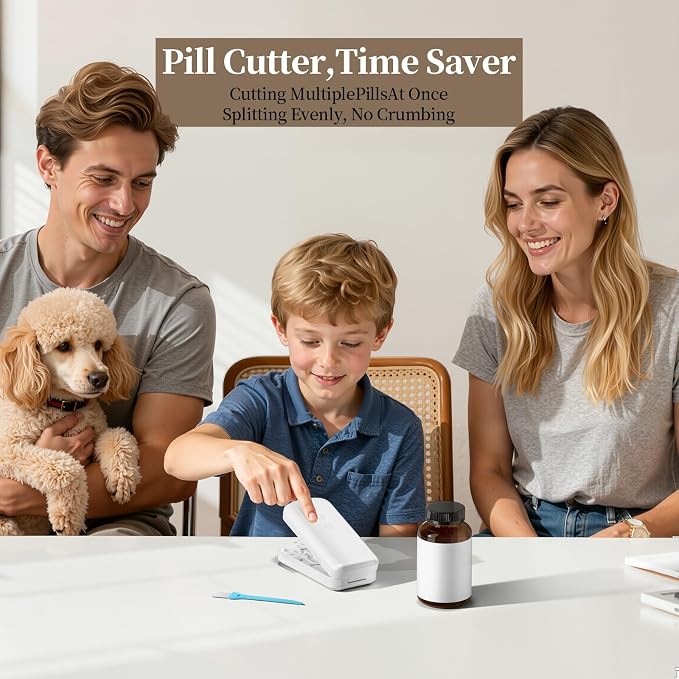 Daviky Pill Cutter Splitter for Small & Tiny Pills, Dual Safety Blades, Adjustable Centering Slot, Precise 1/2 1/3 1/4 Tablet Cutter, Built-in Storage, Portable & Senior-Friendly