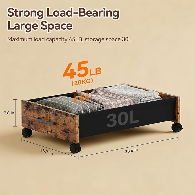 Wooden Under Bed Storage Drawer with Wheels for Space-Saving Storage | Ideal for seasonal clothing, extra blankets, shoes and everyday household essentials
