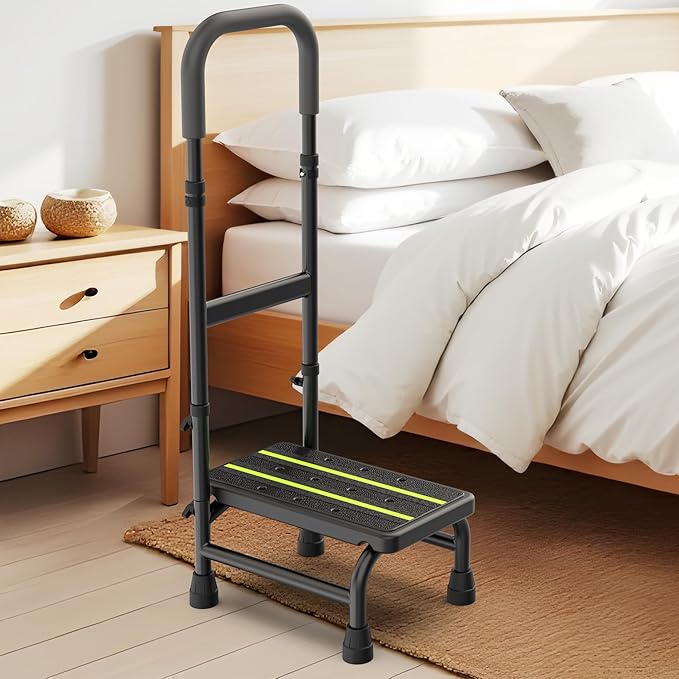 Step Stool with Handle for Elderly Adults, Non Skid Platform & Adjustable Handrail, Medical Stepping Stool for High Bed Mobility & Daily Living Aids, Bedside Car Stair Lift for Senior 350lbs