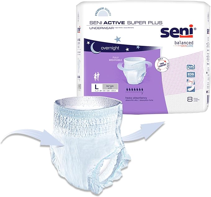 Seni Active Super Plus Unisex Adult Incontinence Underwear, Heavy Absorbency, Pull On Disposable Overnight Underwear for Men & Women (Large, 8, Count)