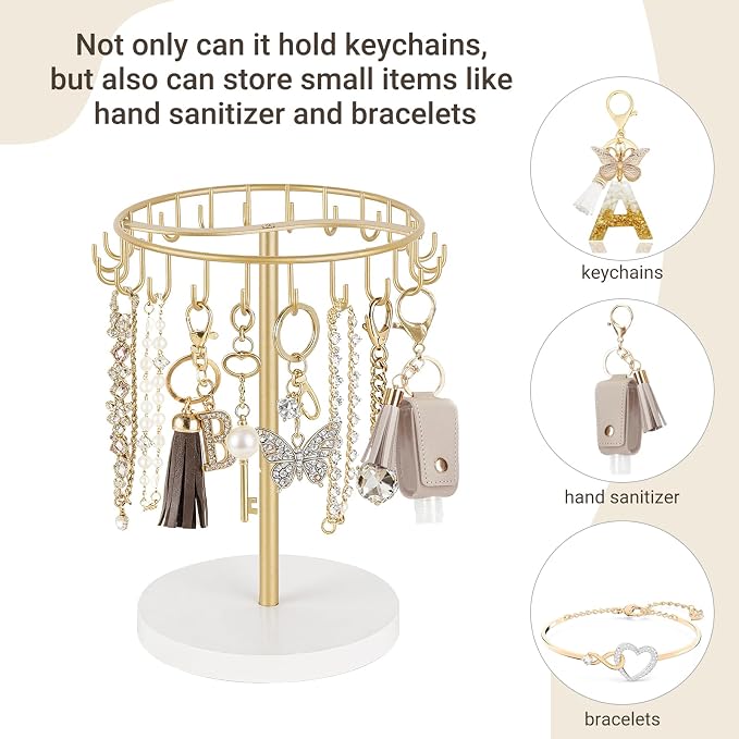Dahey Keychain Holder Display Stand for Vendor, 22 Hooks Organizer for Desk | Space-Saving, Versatile Storage Keychain Bracelets Bag Charms for Study Entryway Decor, Sturdy Wood, Easy Assembly, Gold