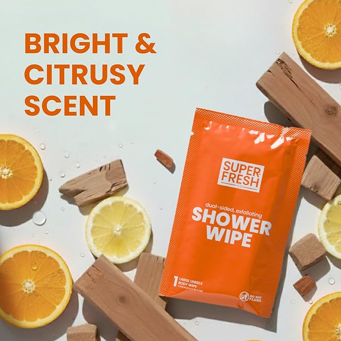 Super Fresh Shower Wipes Large Citrus & Cedar Body Wipes for No Rinse Bathing Personal Hygiene Gym Travel or Camping Enriched with Aloe and Vitamin E 20 Individually Wrapped Disposable Sheets