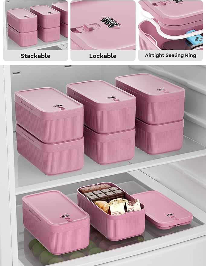 Small Lock Box for Medication Safe, Lockbox for Phone Jail, Medicine Lockable Storage Box with Code for Pills/First Aid Kits, Locked Food/Snack Box Container for Home/Fridge/Office (Pink)