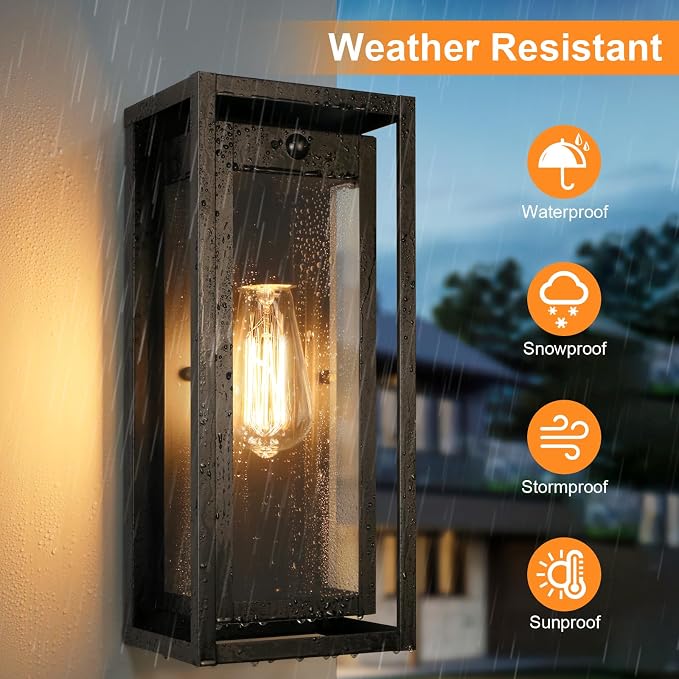 15" Motion Sensor Outdoor Wall Lights, Outdoor Sconces, 1 Pack | Dusk to Dawn, Large Size, Anti-Rust, Waterproof, Easy Installation, Black Modern Exterior Lighting Fixtures for House Porch